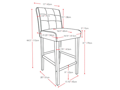 Black bar height stool with cushioned leather seat, sleek metal frame, and footrest. Ideal for modern kitchens and home bars.