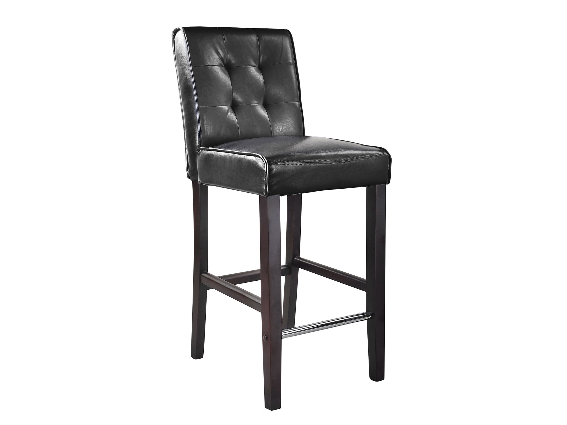 Black bar height stool with cushioned leather seat, sleek metal frame, and footrest. Ideal for modern kitchens and home bars.