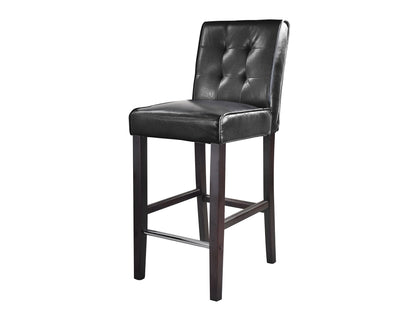 Black bar height stool with cushioned leather seat, sleek metal frame, and footrest. Ideal for modern kitchens and home bars.