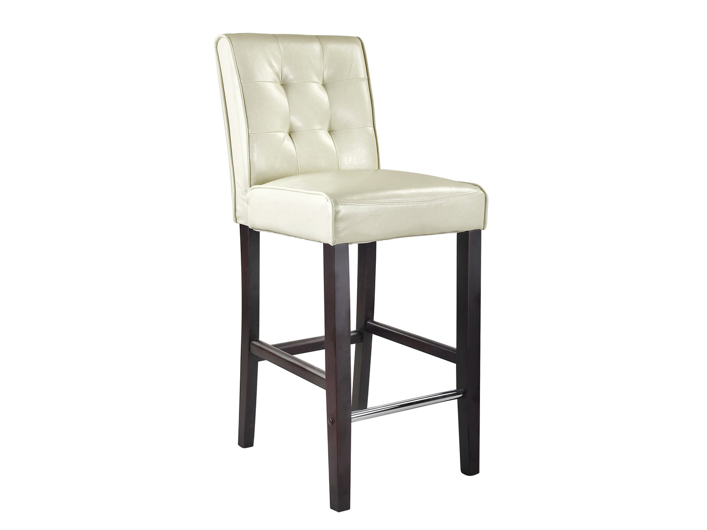 Cream bar height bar stool with padded seat, wooden legs, and a footrest. Upholstered in smooth cream fabric, featuring a modern design suitable for kitchen islands and home bars.