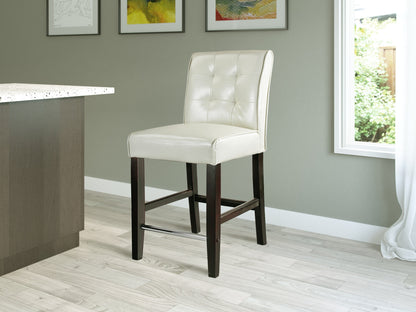 Cream counter height bar stool with a cushioned seat, wooden legs, and footrest. Features a sleek, modern design with a neutral color palette, perfect for kitchen islands or home bars.