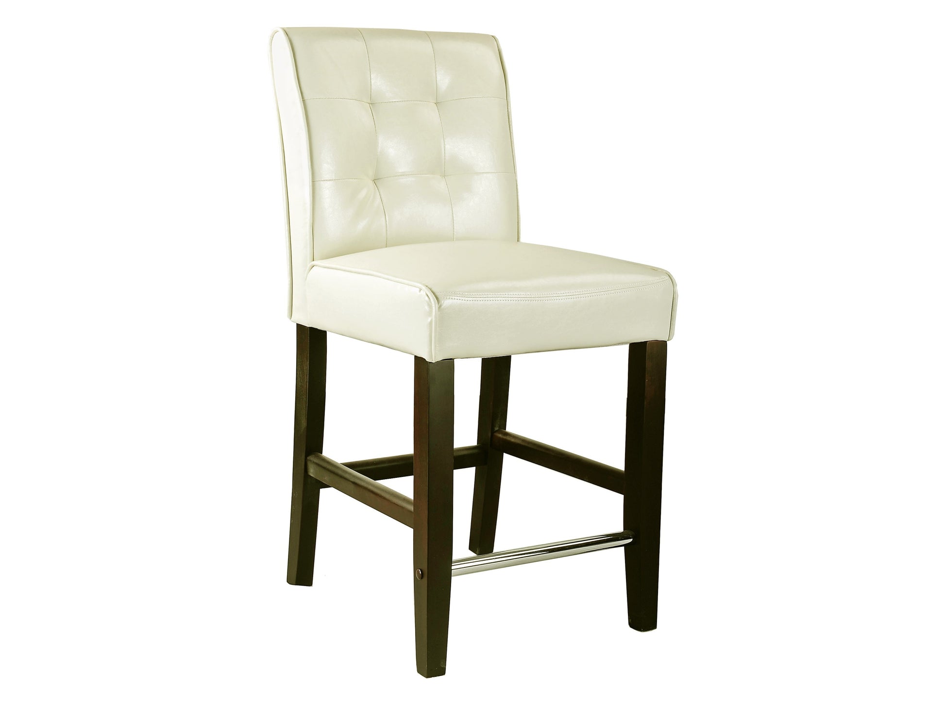 Cream counter height bar stool with a cushioned seat, wooden legs, and footrest. Features a sleek, modern design with a neutral color palette, perfect for kitchen islands or home bars.