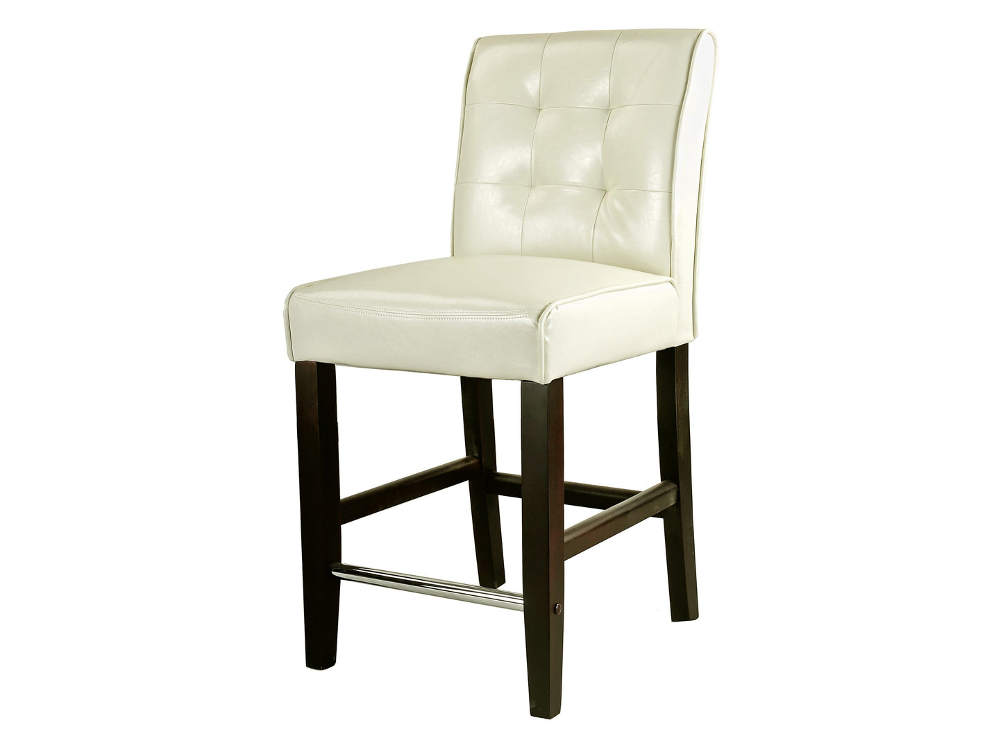 Cream counter height bar stool with a cushioned seat, wooden legs, and footrest. Features a sleek, modern design with a neutral color palette, perfect for kitchen islands or home bars.