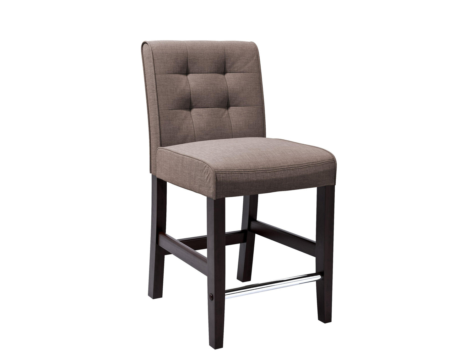 Brown wooden bar stool with cushioned seat, counter height, sleek design, sturdy frame, and footrest. Ideal for kitchen islands and home bars.