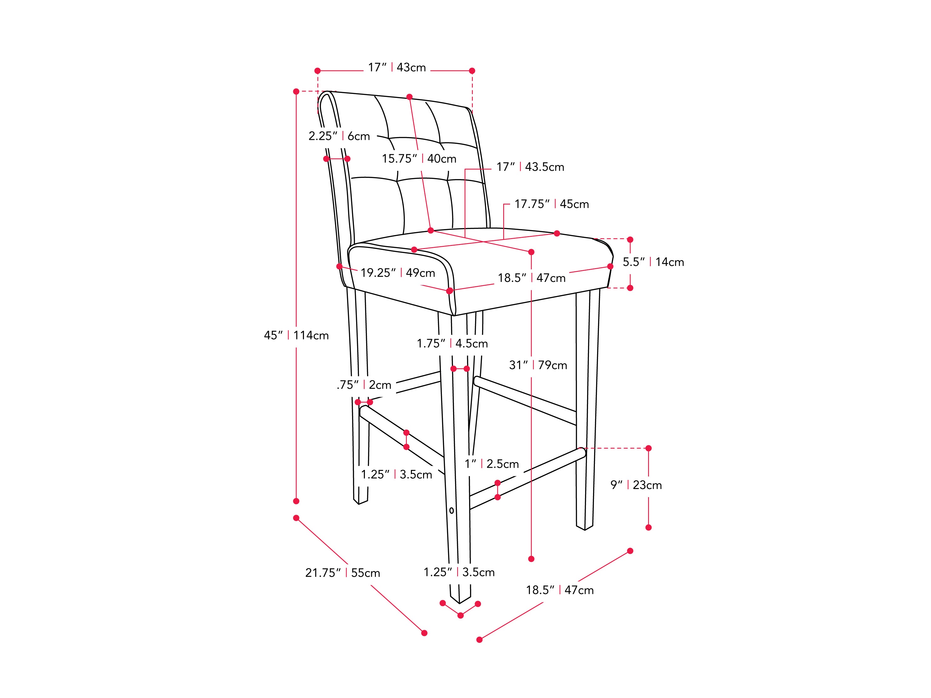 Charcoal brown fabric bar height stool with cushioned seat, wooden legs, and footrest. Ideal for kitchen islands or home bars, blending modern design with comfort and durability.