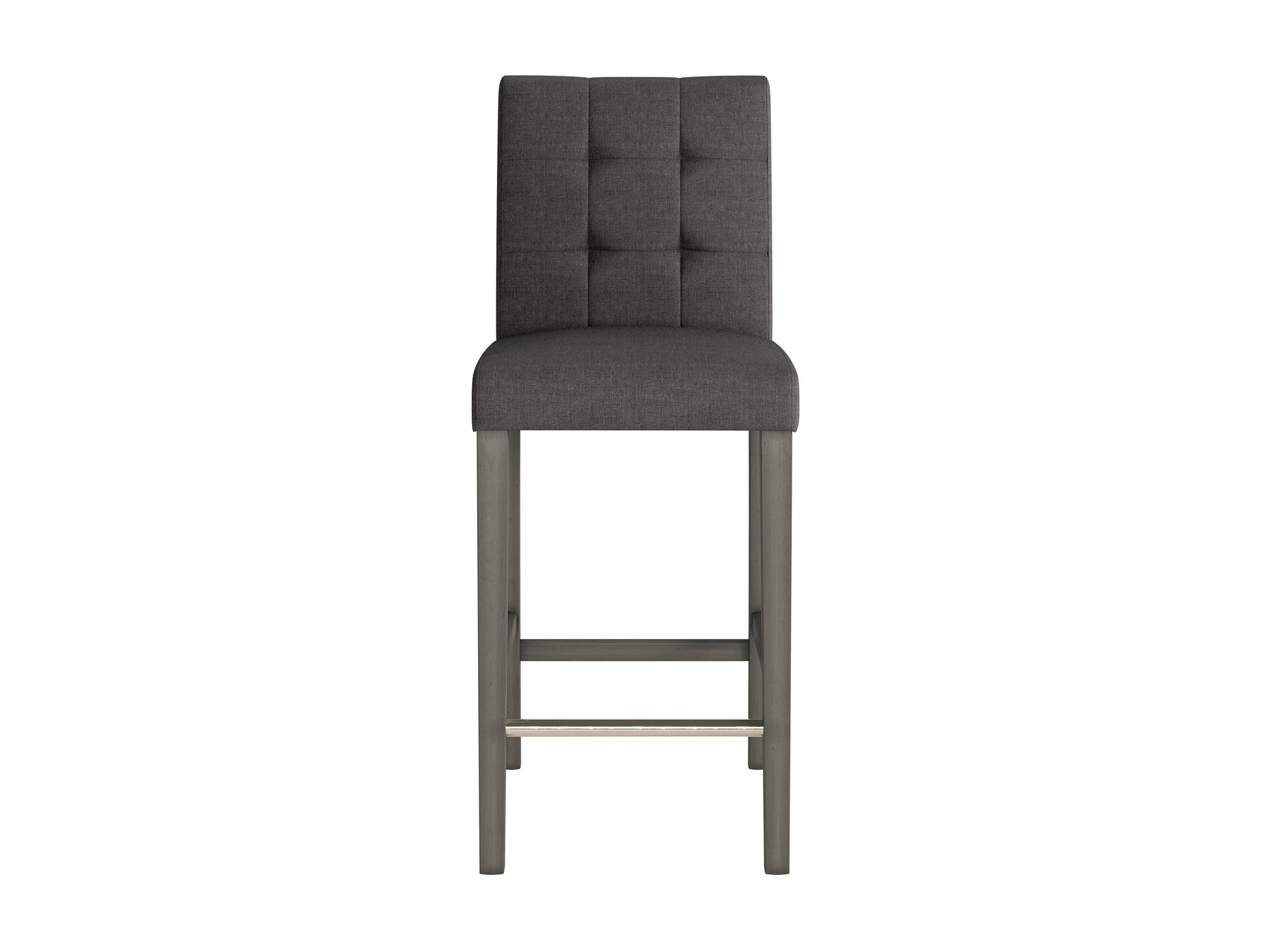 Charcoal brown fabric bar height stool with cushioned seat, wooden legs, and footrest. Ideal for kitchen islands or home bars, blending modern design with comfort and durability.