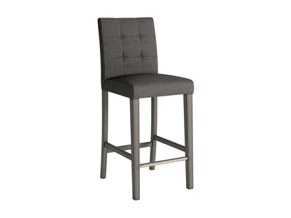 Charcoal brown fabric bar height stool with cushioned seat, wooden legs, and footrest. Ideal for kitchen islands or home bars, blending modern design with comfort and durability.