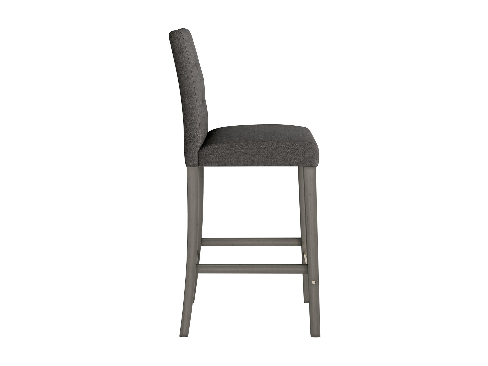 Charcoal brown fabric bar height stool with cushioned seat, wooden legs, and footrest. Ideal for kitchen islands or home bars, blending modern design with comfort and durability.