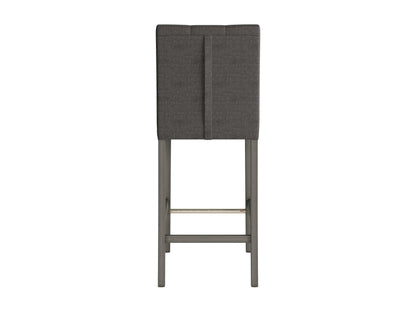 Charcoal brown fabric bar height stool with cushioned seat, wooden legs, and footrest. Ideal for kitchen islands or home bars, blending modern design with comfort and durability.