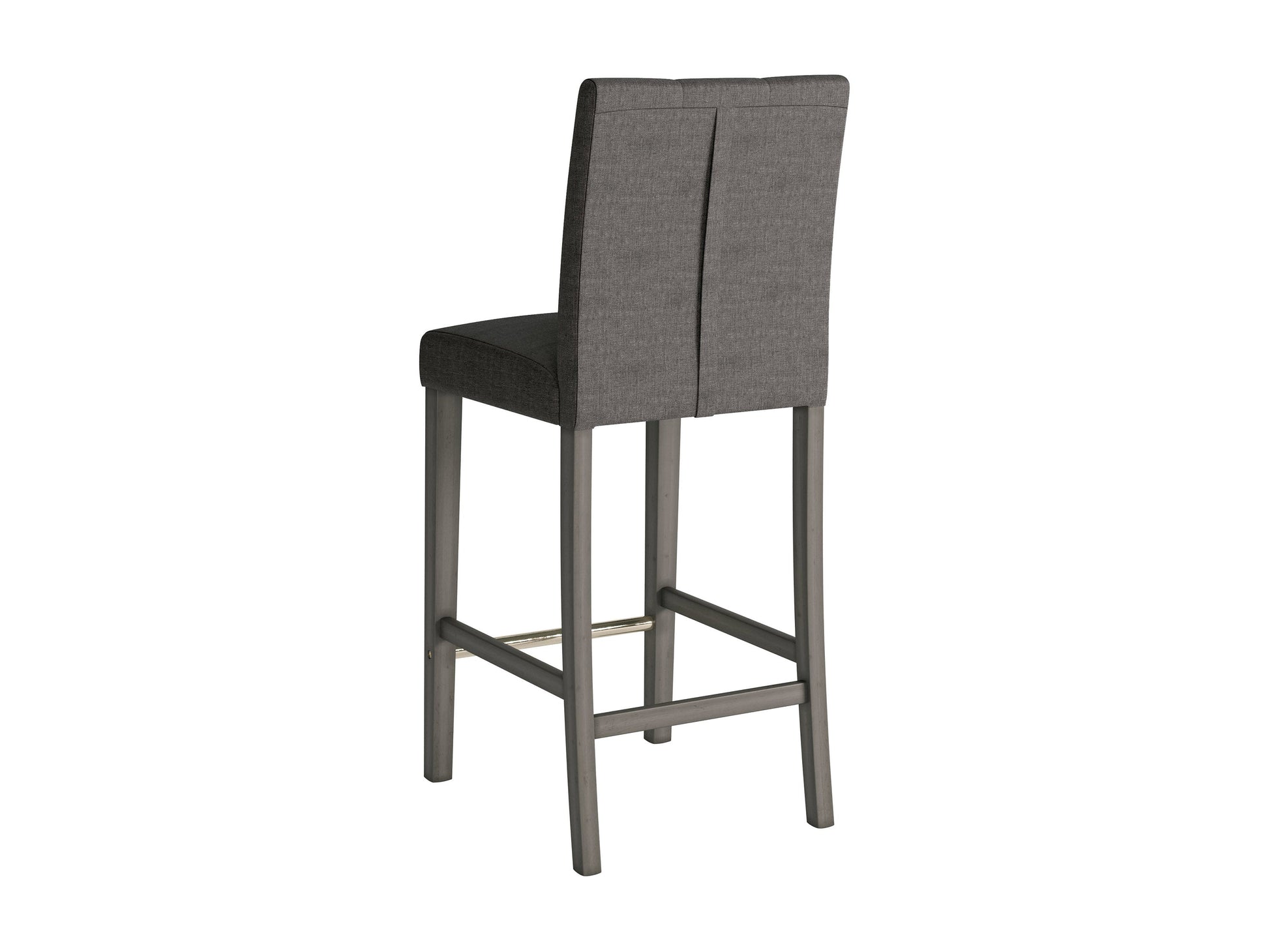 Charcoal brown fabric bar height stool with cushioned seat, wooden legs, and footrest. Ideal for kitchen islands or home bars, blending modern design with comfort and durability.