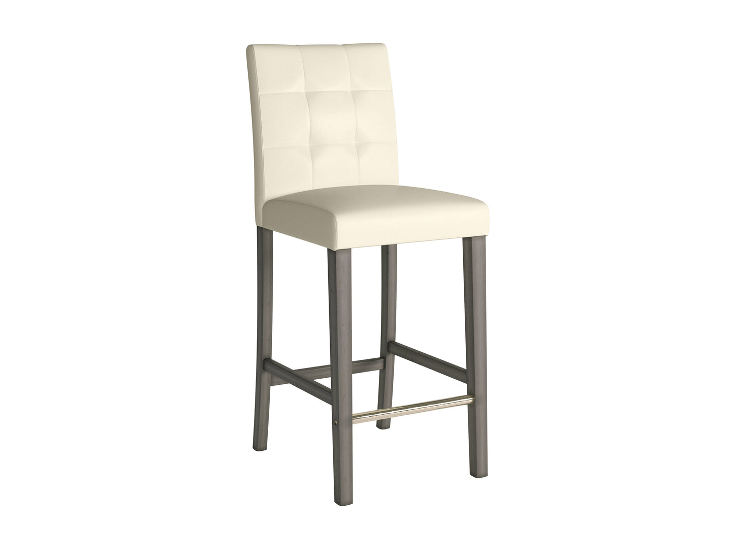 Warm white vegan leather bar height stool with sleek metal legs, cushioned seat, and backrest. Features modern design, durable materials, and comfortable padding for stylish and sustainable seating.