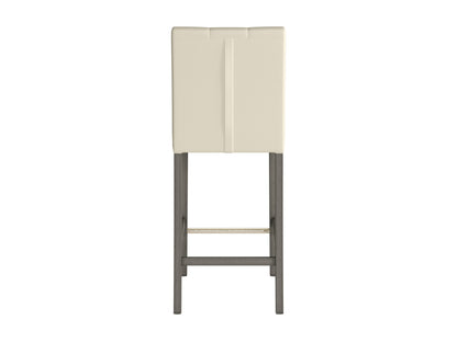 Warm white vegan leather bar height stool with sleek metal legs, cushioned seat, and backrest. Features modern design, durable materials, and comfortable padding for stylish and sustainable seating.