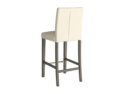 Warm white vegan leather bar height stool with sleek metal legs, cushioned seat, and backrest. Features modern design, durable materials, and comfortable padding for stylish and sustainable seating.