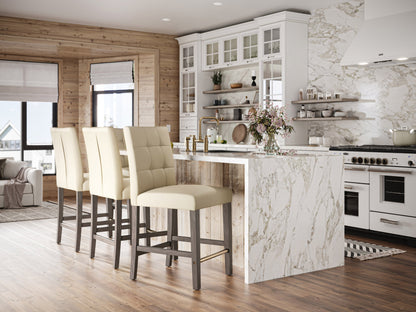 Warm white vegan leather counter height bar stool with sleek chrome legs, cushioned seat, and modern minimalist design, perfect for contemporary kitchen or bar settings.