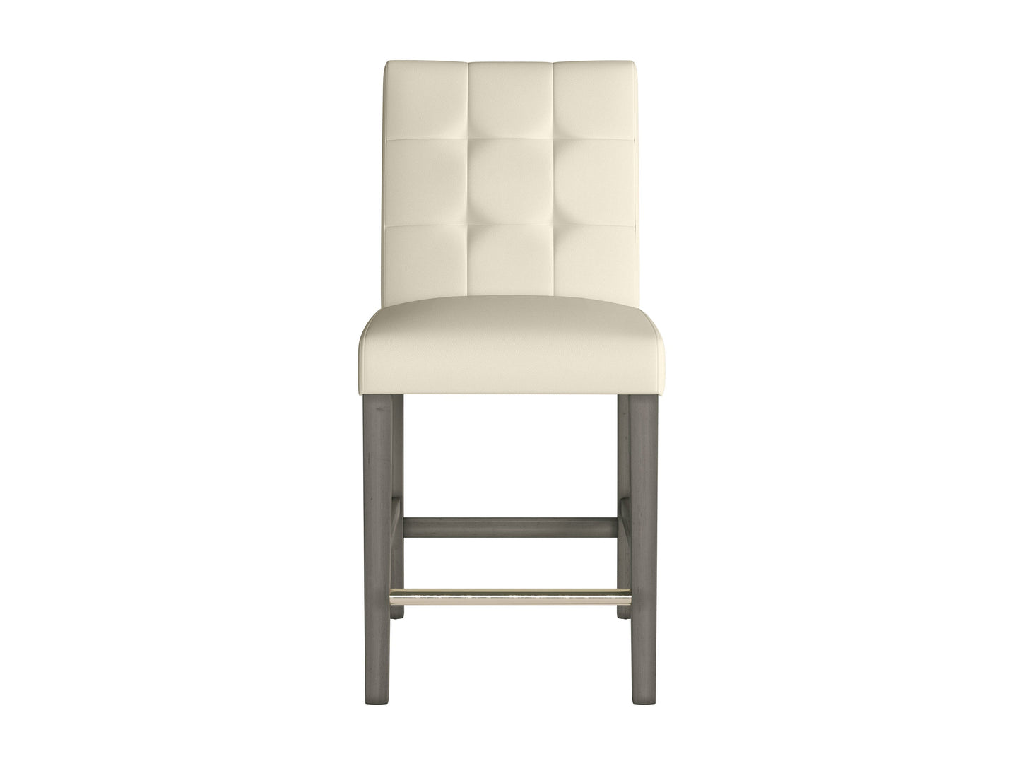 Warm white vegan leather counter height bar stool with sleek chrome legs, cushioned seat, and modern minimalist design, perfect for contemporary kitchen or bar settings.