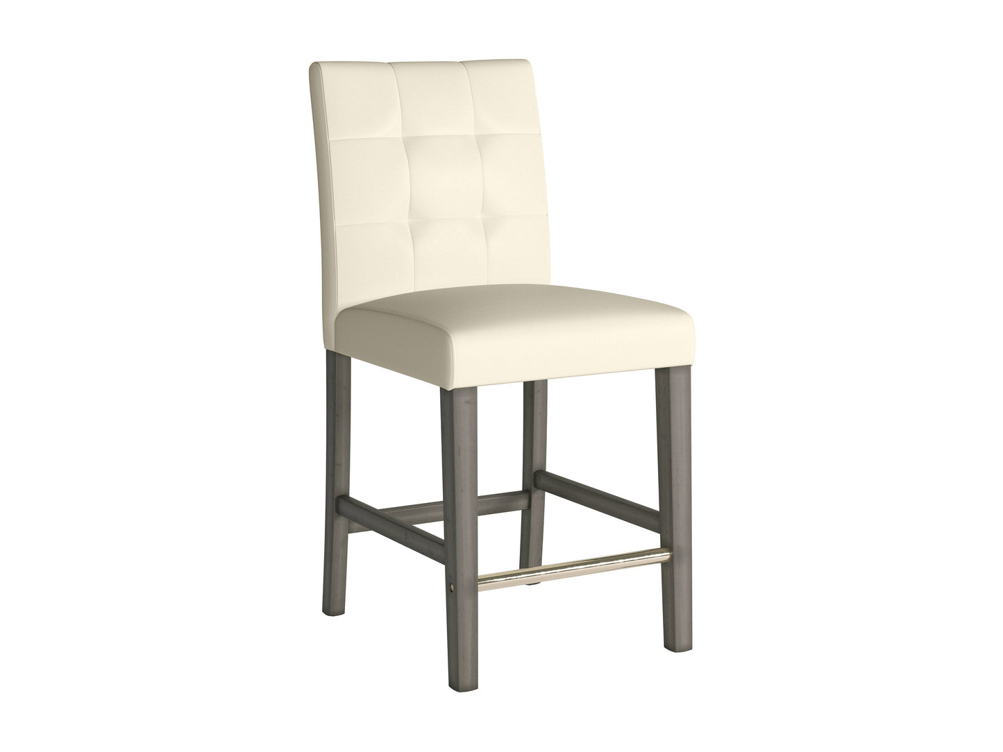 Warm white vegan leather counter height bar stool with sleek chrome legs, cushioned seat, and modern minimalist design, perfect for contemporary kitchen or bar settings.