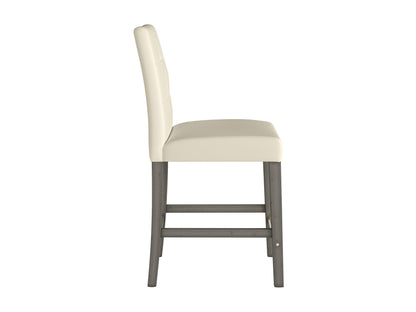 Warm white vegan leather counter height bar stool with sleek chrome legs, cushioned seat, and modern minimalist design, perfect for contemporary kitchen or bar settings.