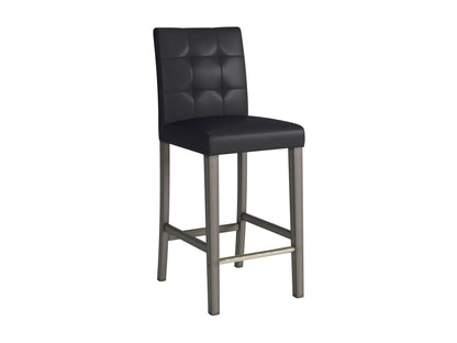 Black vegan leather bar height stool with sleek metal legs, cushioned seat, and minimalist design. Ideal for modern kitchens and home bars. Durable, stylish, and eco-friendly seating option.