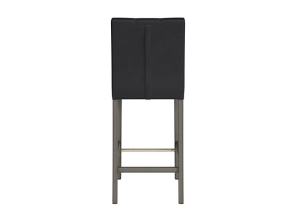 Black vegan leather bar height stool with sleek metal legs, cushioned seat, and minimalist design. Ideal for modern kitchens and home bars. Durable, stylish, and eco-friendly seating option.