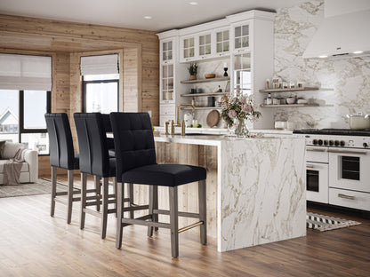 Black vegan leather counter height bar stool with sleek metal legs, cushioned seat, and ergonomic backrest. Ideal for modern kitchens and bars, offering stylish comfort and durability.