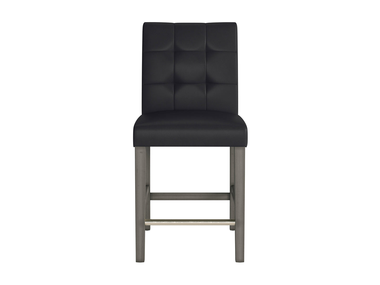 Black vegan leather counter height bar stool with sleek metal legs, cushioned seat, and ergonomic backrest. Ideal for modern kitchens and bars, offering stylish comfort and durability.