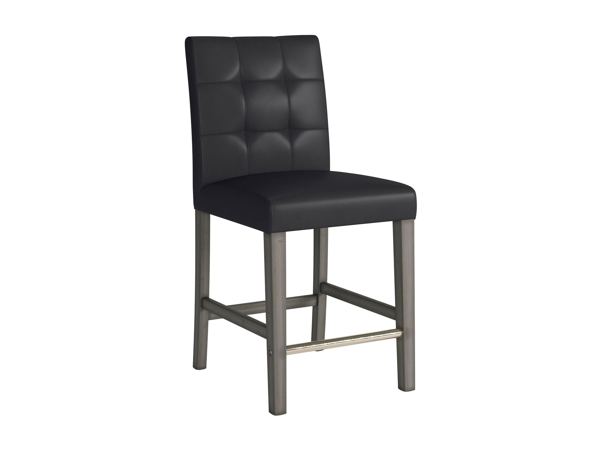 Black vegan leather counter height bar stool with sleek metal legs, cushioned seat, and ergonomic backrest. Ideal for modern kitchens and bars, offering stylish comfort and durability.