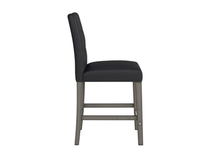 Black vegan leather counter height bar stool with sleek metal legs, cushioned seat, and ergonomic backrest. Ideal for modern kitchens and bars, offering stylish comfort and durability.