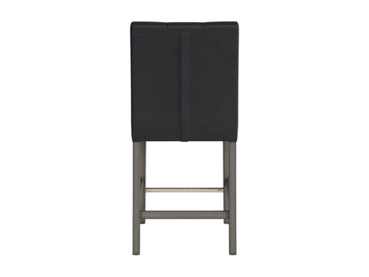 Black vegan leather counter height bar stool with sleek metal legs, cushioned seat, and ergonomic backrest. Ideal for modern kitchens and bars, offering stylish comfort and durability.