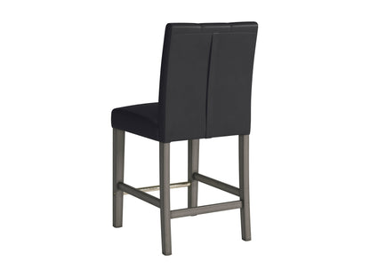 Black vegan leather counter height bar stool with sleek metal legs, cushioned seat, and ergonomic backrest. Ideal for modern kitchens and bars, offering stylish comfort and durability.