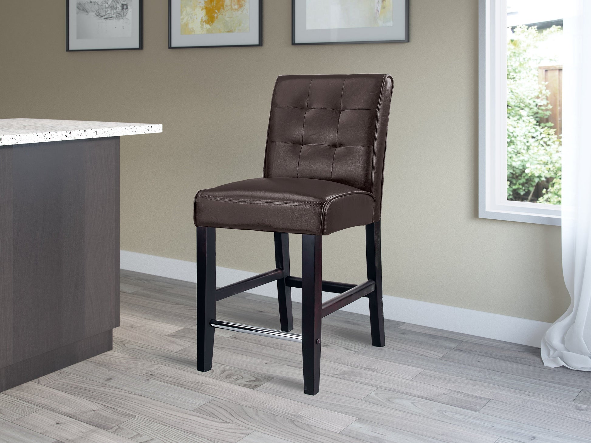 Dark brown counter height bar stool with cushioned seat, wooden frame, and footrest. Ideal for kitchen islands and home bars. Sturdy construction with sleek design for modern and classic interiors.