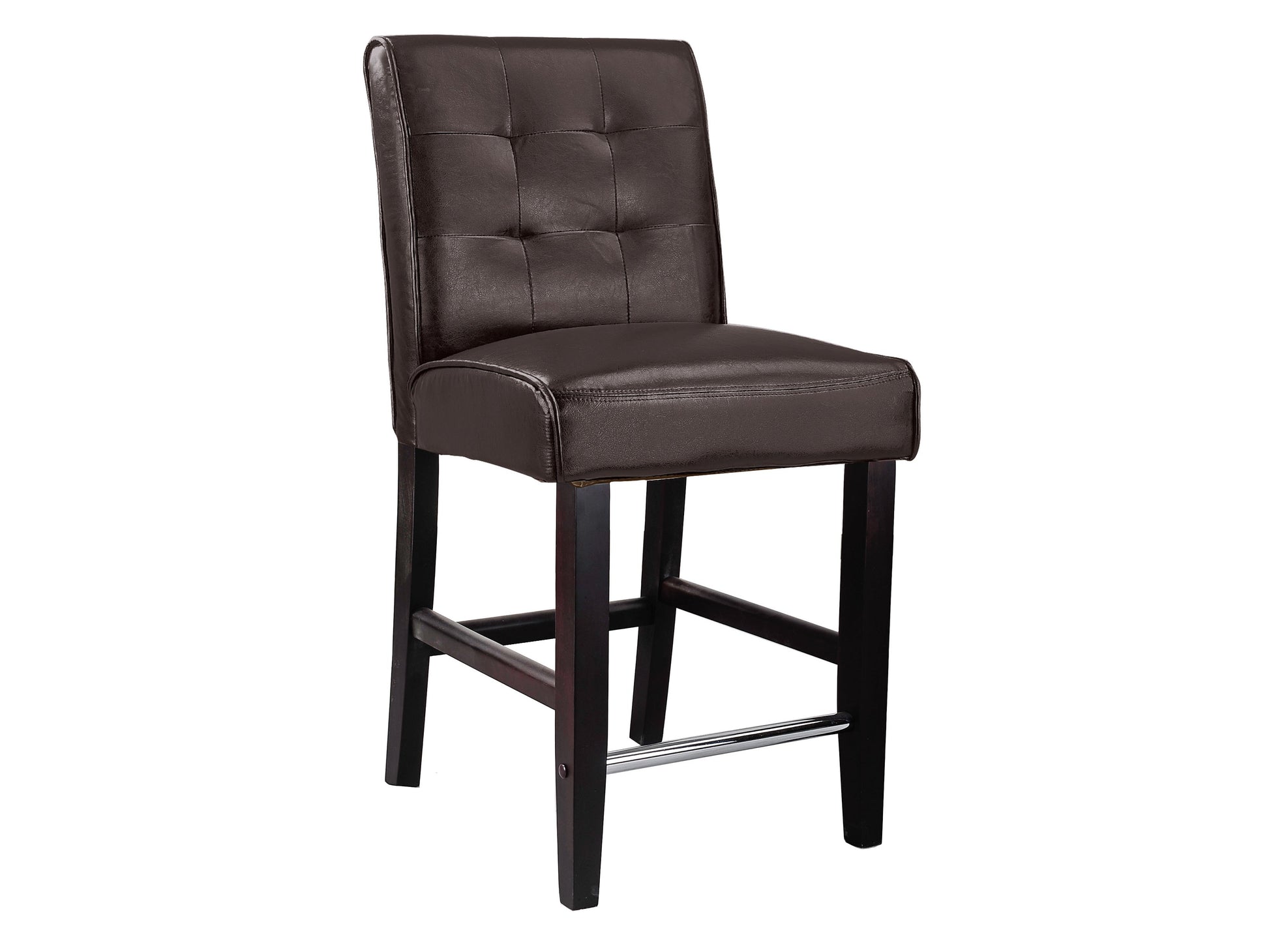 Dark brown counter height bar stool with cushioned seat, wooden frame, and footrest. Ideal for kitchen islands and home bars. Sturdy construction with sleek design for modern and classic interiors.