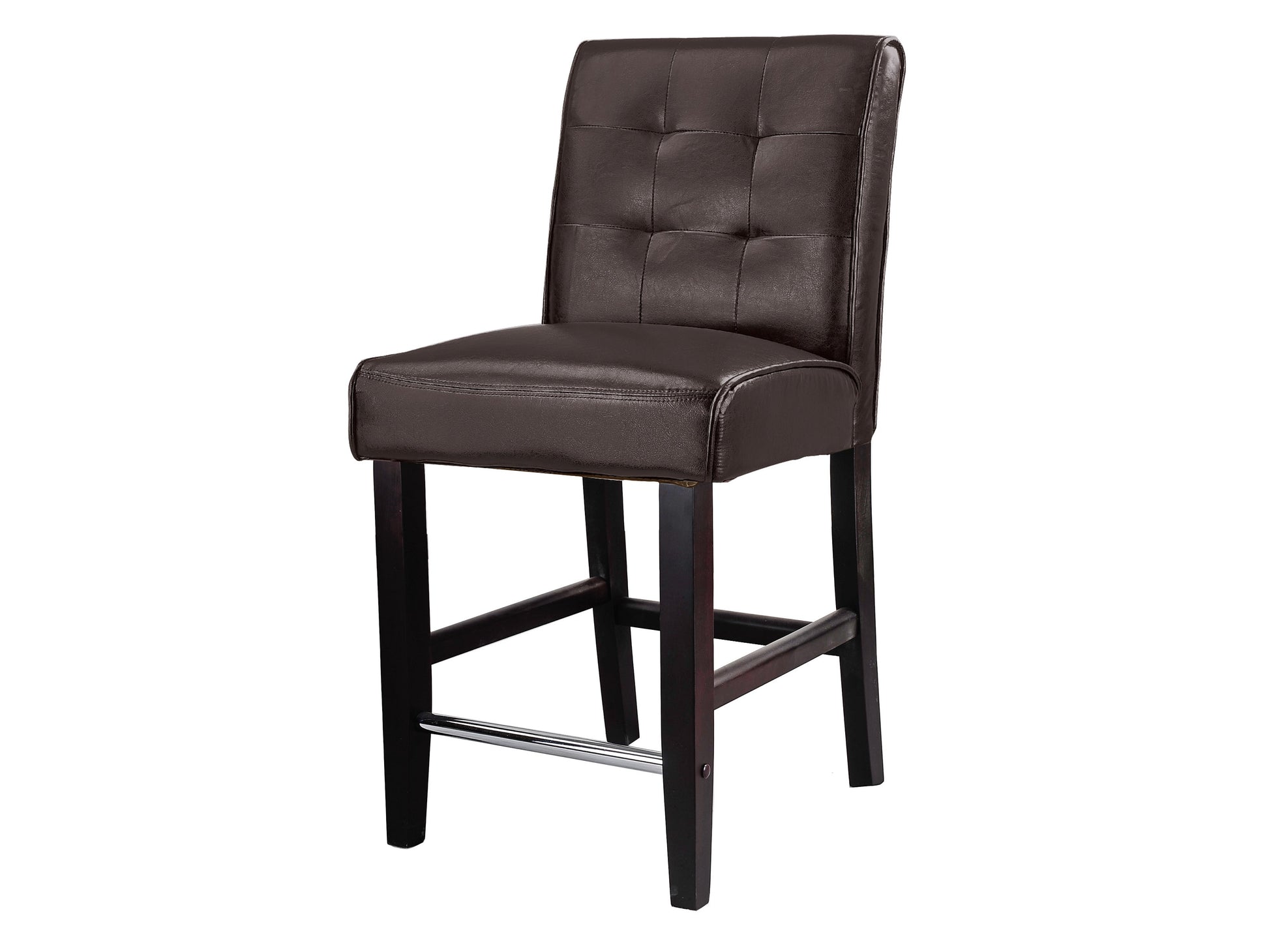 Dark brown counter height bar stool with cushioned seat, wooden frame, and footrest. Ideal for kitchen islands and home bars. Sturdy construction with sleek design for modern and classic interiors.