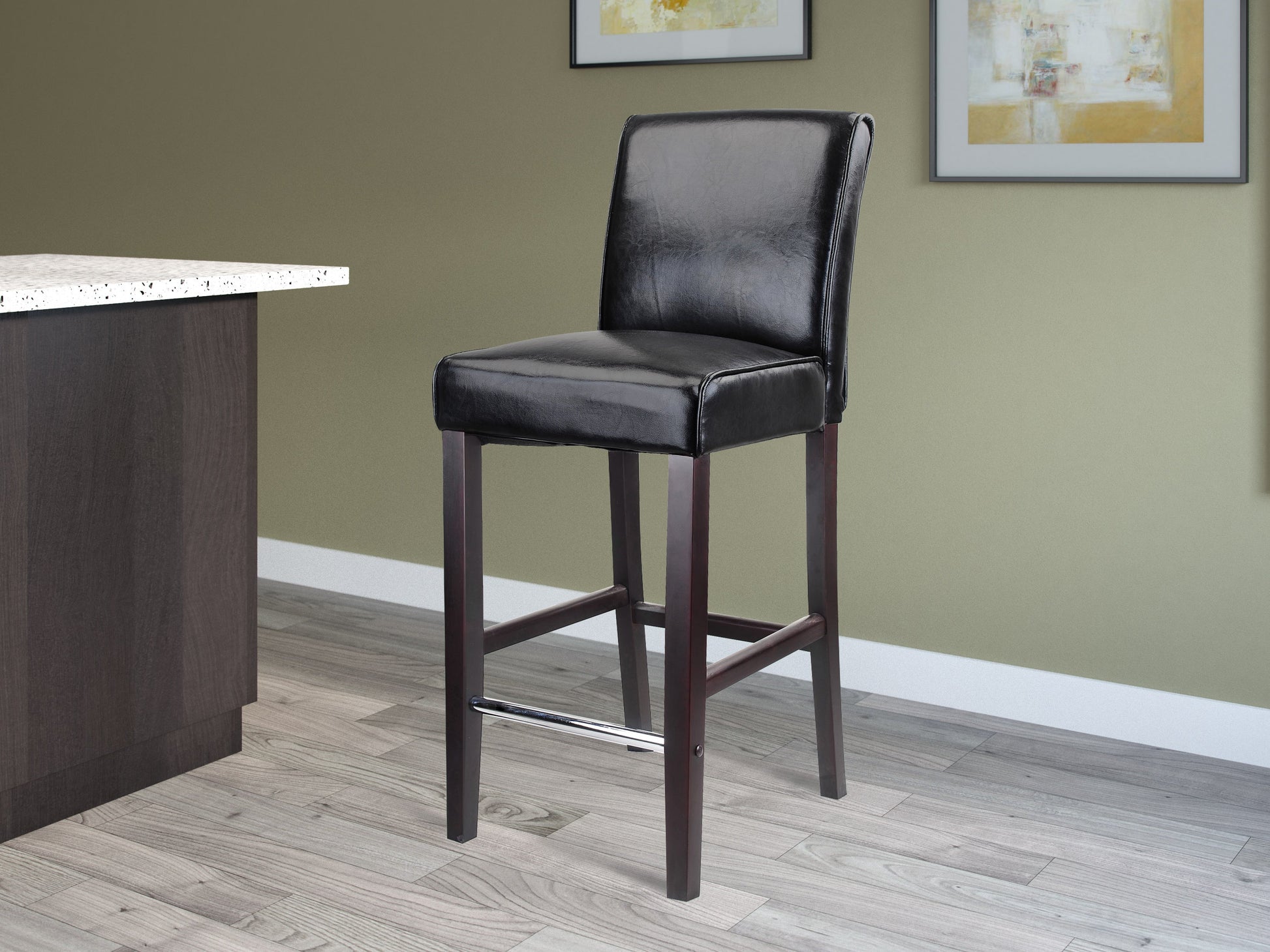 Black wooden bar stool, bar height, with a sleek black finish, sturdy wooden legs, and a contoured seat for comfort. Ideal for modern kitchen islands or home bars, combining functionality with stylish design.