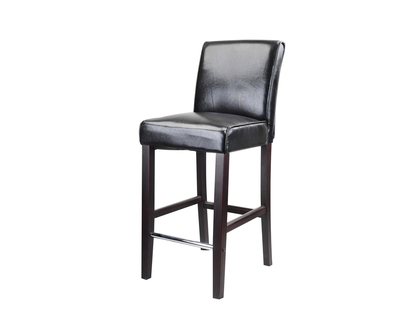 Black wooden bar stool, bar height, with a sleek black finish, sturdy wooden legs, and a contoured seat for comfort. Ideal for modern kitchen islands or home bars, combining functionality with stylish design.