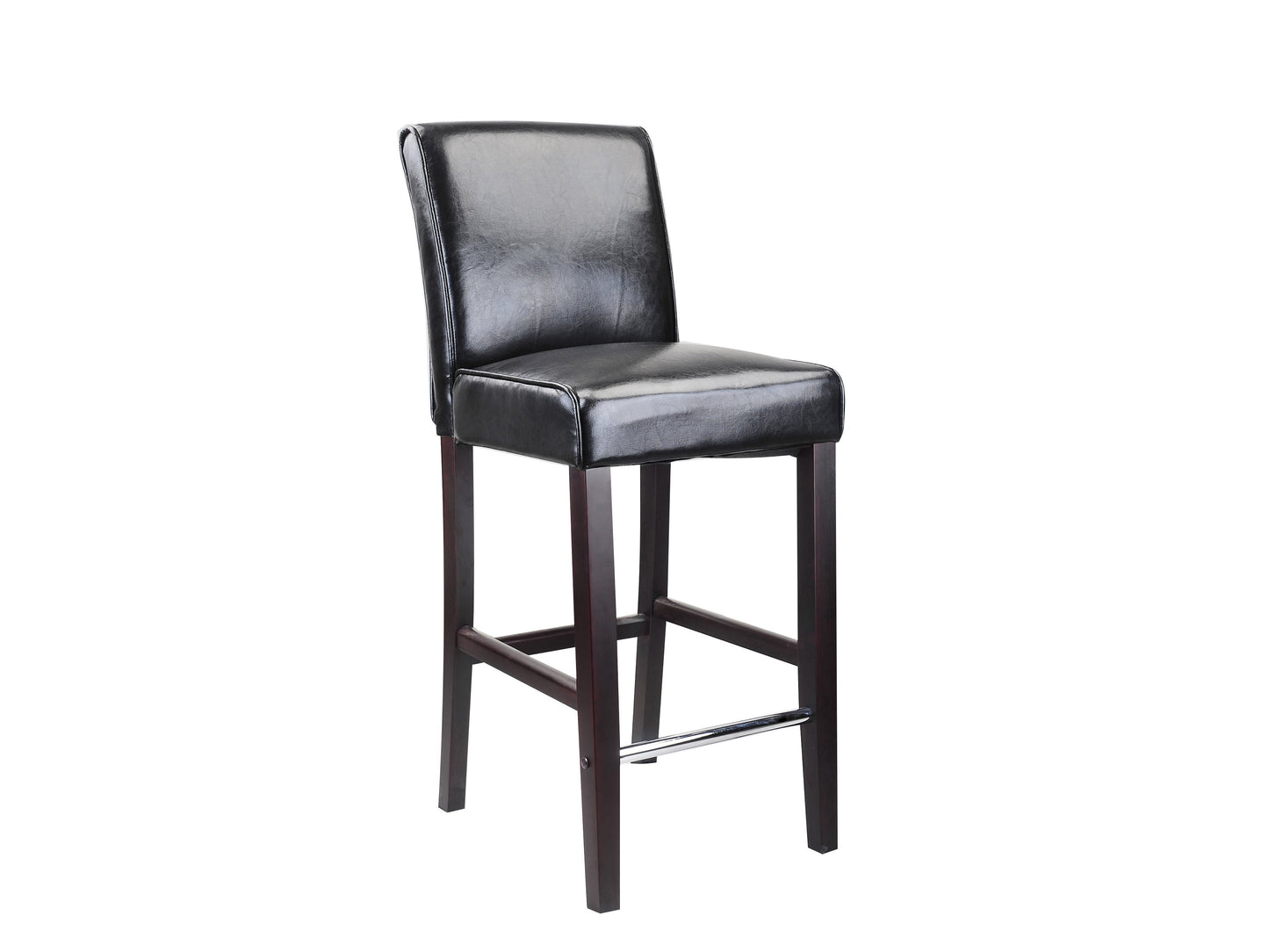 Black wooden bar stool, bar height, with a sleek black finish, sturdy wooden legs, and a contoured seat for comfort. Ideal for modern kitchen islands or home bars, combining functionality with stylish design.