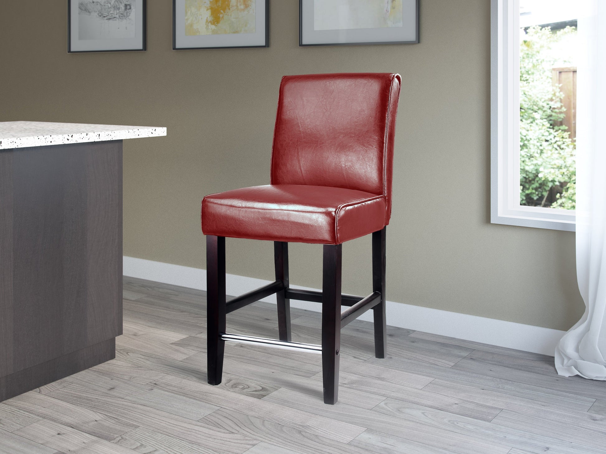 Red wooden bar stool, counter height, with a smooth polished finish, sturdy legs, and a comfortable round seat, perfect for kitchen islands or home bars.