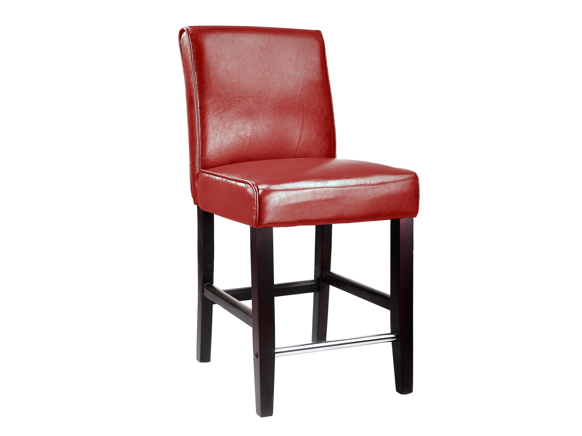 Red wooden bar stool, counter height, with a smooth polished finish, sturdy legs, and a comfortable round seat, perfect for kitchen islands or home bars.