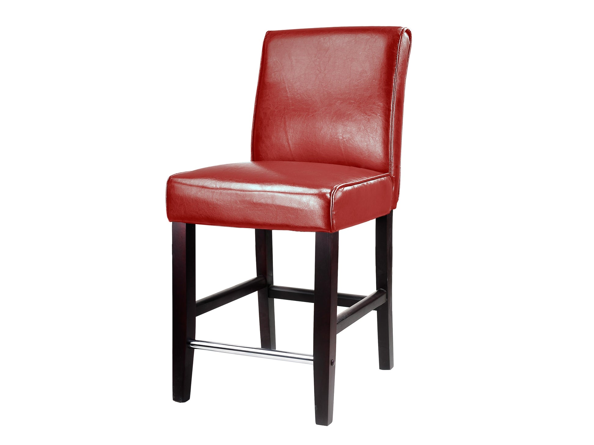 Red wooden bar stool, counter height, with a smooth polished finish, sturdy legs, and a comfortable round seat, perfect for kitchen islands or home bars.