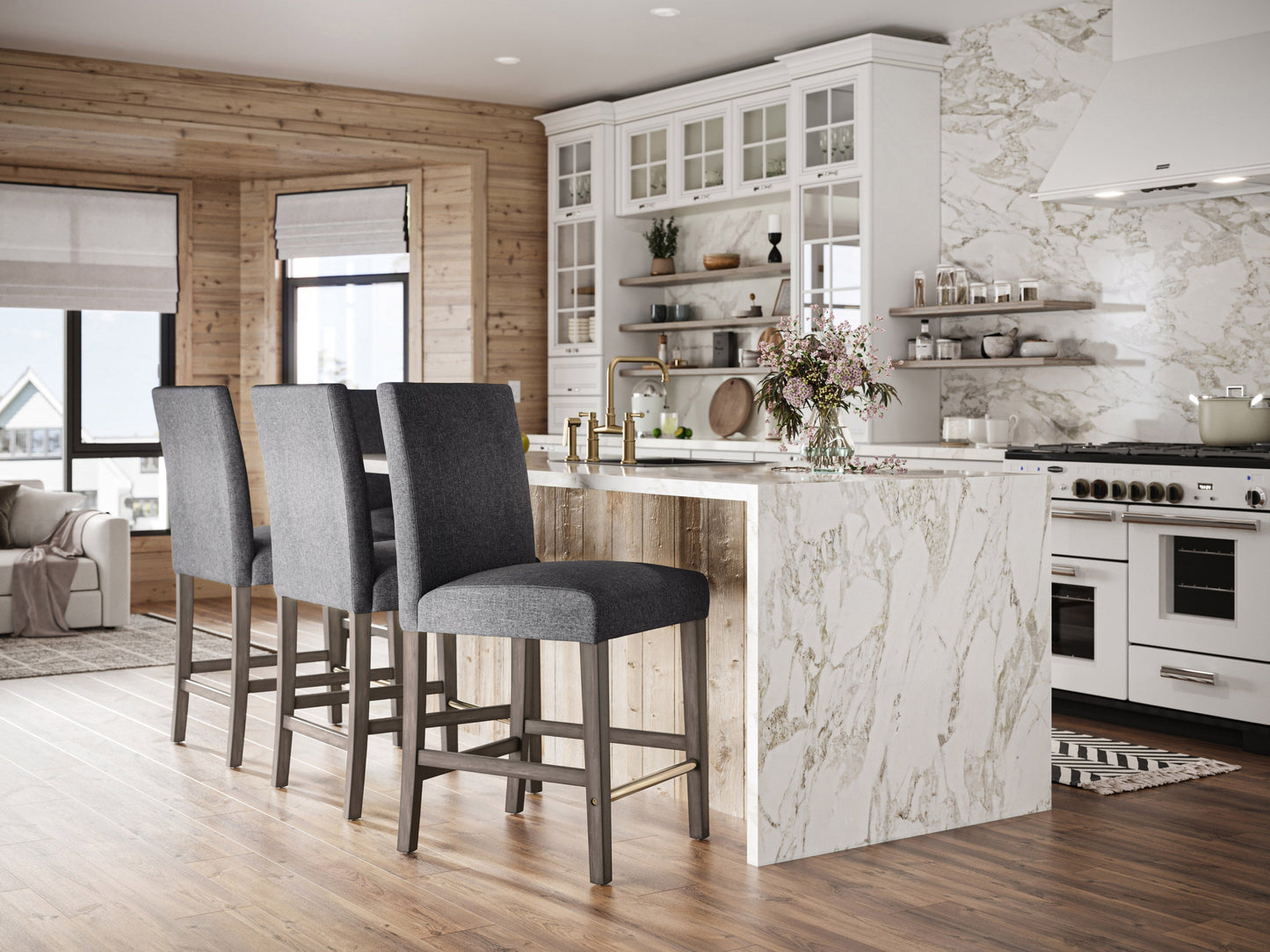 Grey fabric counter height bar stool with black metal legs, cushioned seat, and backrest. Modern design, soft upholstery, and sturdy construction ideal for kitchen islands or home bars.