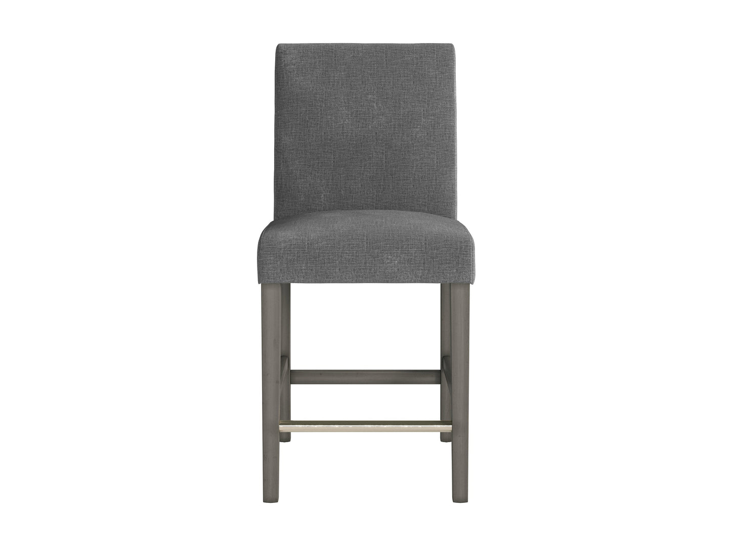 Grey fabric counter height bar stool with black metal legs, cushioned seat, and backrest. Modern design, soft upholstery, and sturdy construction ideal for kitchen islands or home bars.