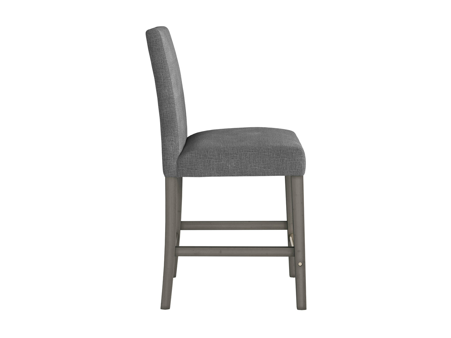 Grey fabric counter height bar stool with black metal legs, cushioned seat, and backrest. Modern design, soft upholstery, and sturdy construction ideal for kitchen islands or home bars.