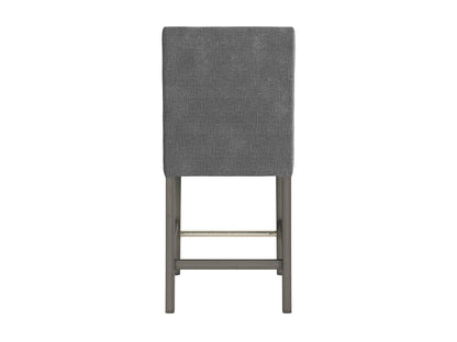 Grey fabric counter height bar stool with black metal legs, cushioned seat, and backrest. Modern design, soft upholstery, and sturdy construction ideal for kitchen islands or home bars.