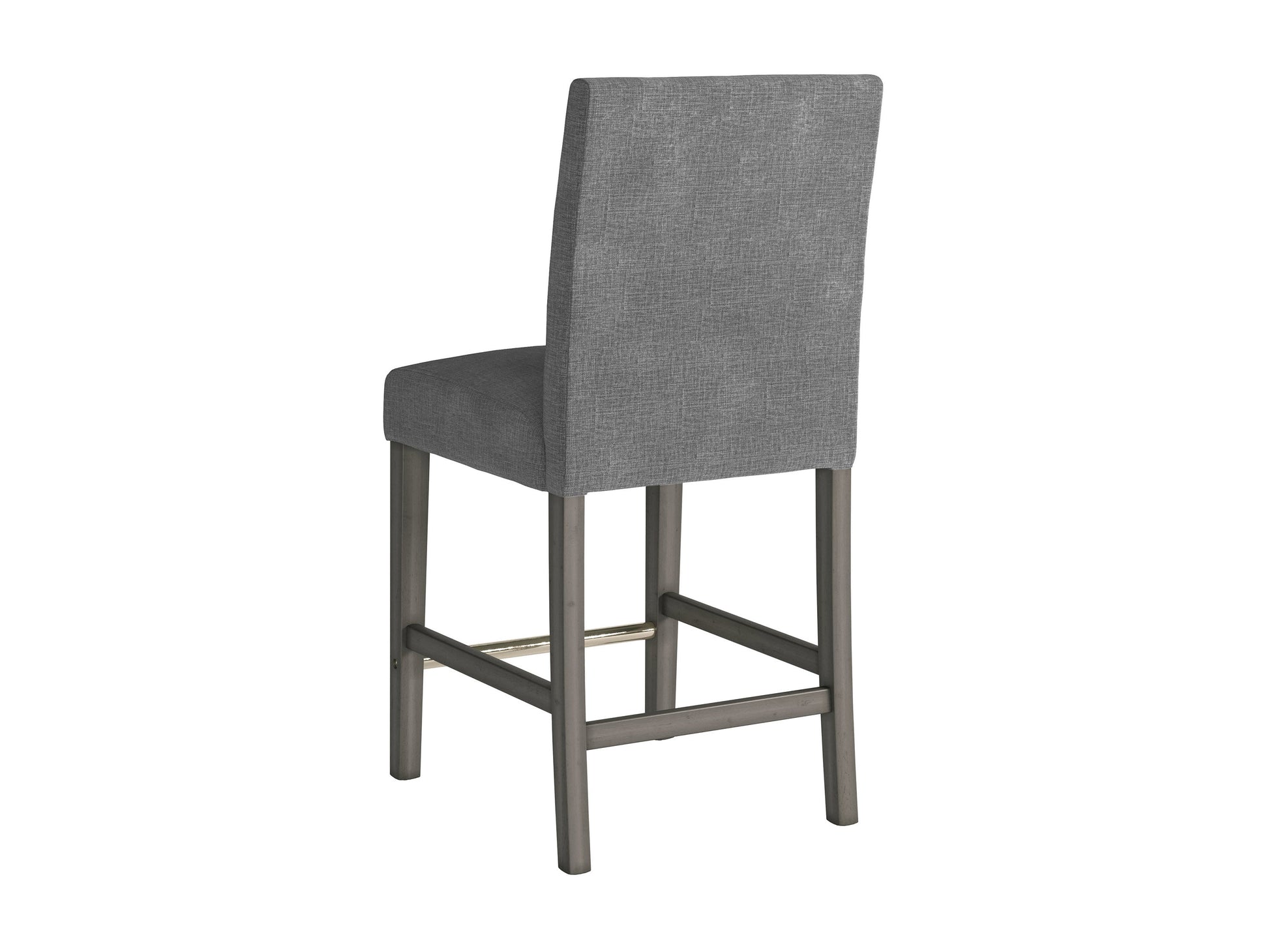 Grey fabric counter height bar stool with black metal legs, cushioned seat, and backrest. Modern design, soft upholstery, and sturdy construction ideal for kitchen islands or home bars.