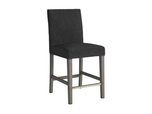 Dark grey fabric counter height bar stool with cushioned seat, sleek black metal legs, and footrest. Ideal for modern kitchens or bars, combining comfort and style with a minimalist design.