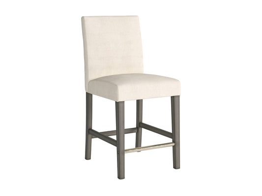 Beige fabric counter height bar stool with cushioned seat, dark wooden legs, and footrest. Ideal for kitchen islands and home bars. Modern design with a comfortable backrest and durable upholstery.