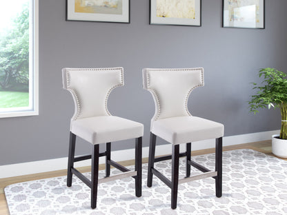 White counter height bar stools set of 2 with cushioned seats, sleek chrome legs, and modern design. Ideal for kitchen islands and home bars.