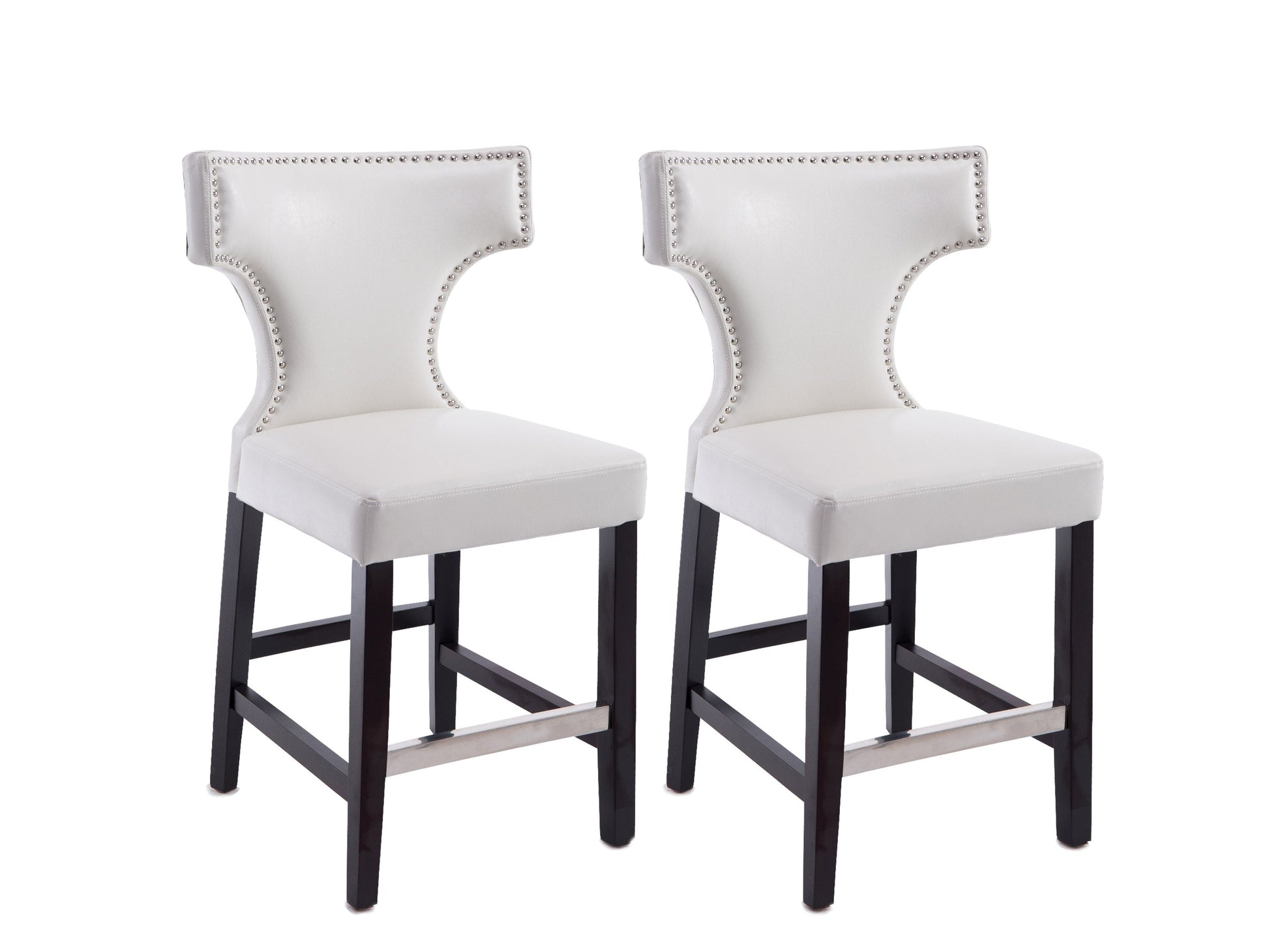 White counter height bar stools set of 2 with cushioned seats, sleek chrome legs, and modern design. Ideal for kitchen islands and home bars.