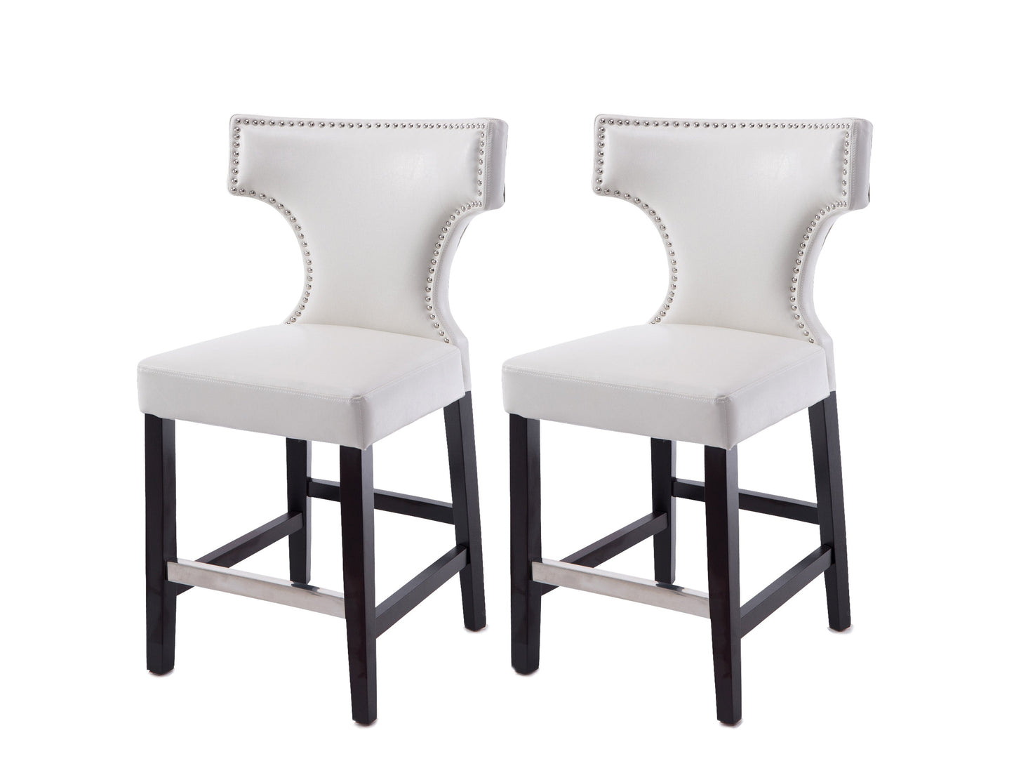 White counter height bar stools set of 2 with cushioned seats, sleek chrome legs, and modern design. Ideal for kitchen islands and home bars.