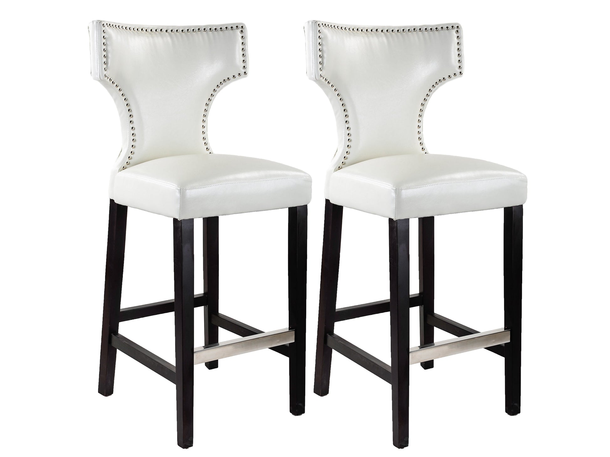 White bar height bar stools set of 2, featuring sleek chrome legs, cushioned seats with white faux leather upholstery, and footrests for added comfort, perfect for modern kitchen or bar settings.