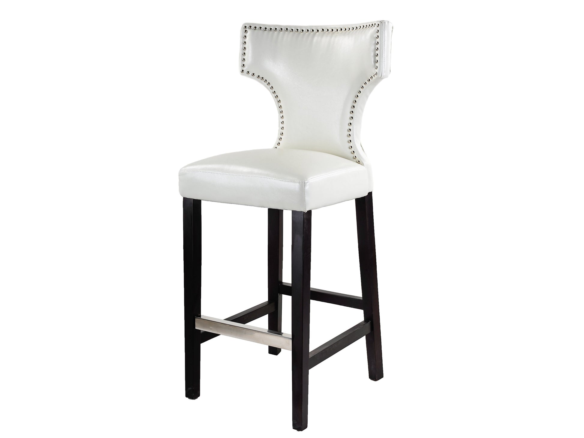 White bar height bar stools set of 2, featuring sleek chrome legs, cushioned seats with white faux leather upholstery, and footrests for added comfort, perfect for modern kitchen or bar settings.